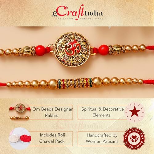 Image of eCraftIndia Set of 2 Om Symbol, Pearl Diamond Beads Designer Rakhis for Brothers with Best Bro Ever Fridge Magnet and Roli Chawal Pack