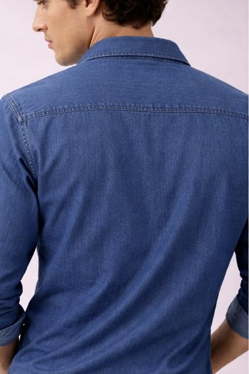 Image of Men's Slim Fit Western Denim Shirt with Dual Chest Pockets - Long Sleeve Button-Down Casual | Smart Casual Fashion Wear |Durable Tich snap Buttons.