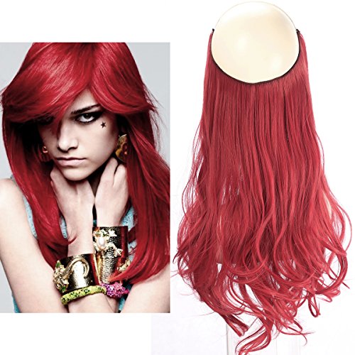 Red Colored Hair Extension Halo Secret Invisiable Flip Hidden Wire Crown Natural Curly Long Highlight Streak Synthetic Hairpiece For Women Japan Heat Temperature Fiber SARLA 18" 4.4oz M01&red