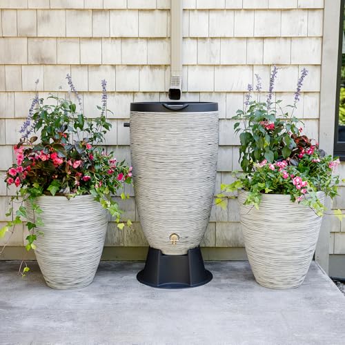 Image of Newport 50‑Gallon Flat‑Back Rain Barrel with Stand & Planter Bundle - Slate | Removable Lid, UV-Stabilized Outdoor Water Storage