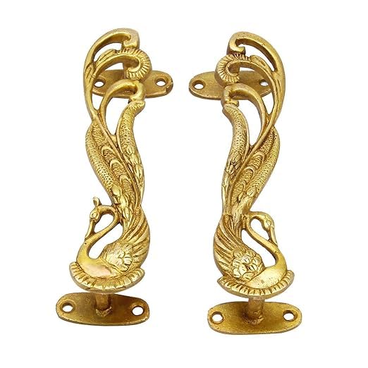 Image of Peacock Design 7 Inches Brass Door Handle Pair, Main Door Handles, Antique Door Handle, Door Handles for Main Door, Material -, Standard, Pack of 2 Handles - Brass, Pull Handle