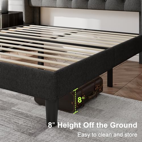 Image of Feonase Full Size Bed Frame with Upholstered Wingback Headboard, Platform Bed and Heavy Duty Wooden Slats Support, Easy Assembly, Noise-Free, No Box Spring Needed, Dark Gray