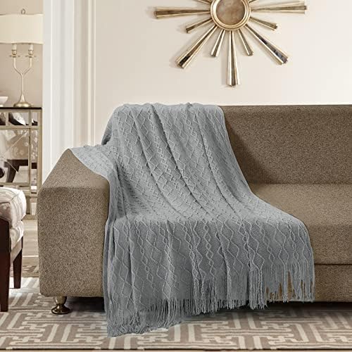 HOMEIDEAS Decorative Tassel Knit Blanket Throw Size for Armchair Office Chair, Grey Knitted Couch Sofa Bed Throw Blankets, Lightweight Scarf Blankets(50x60)