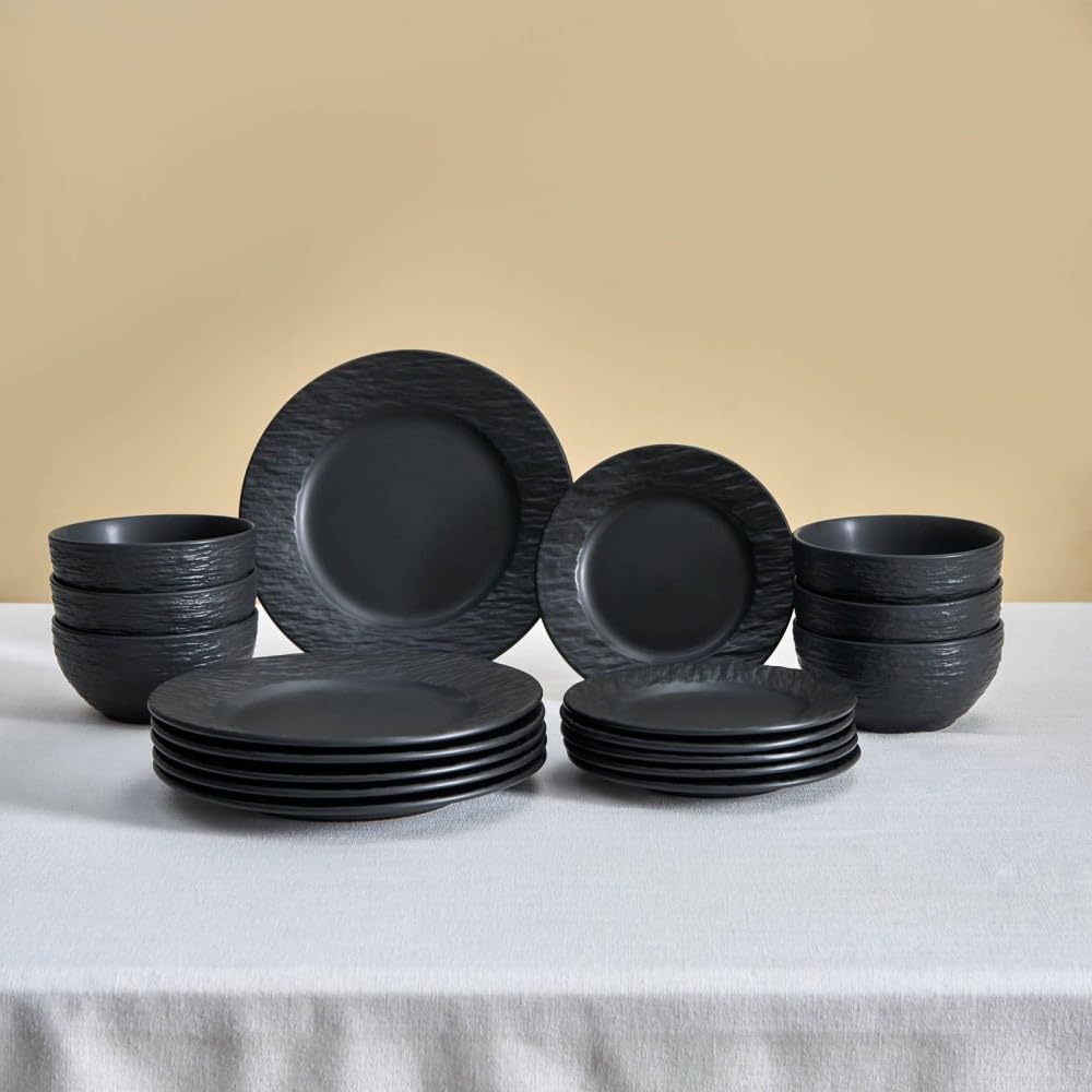Karaca Solem Stoneware Plates and Bowls Set, Black Dinner Set, Complete Kitchen Tableware Collection, Ideal Dinnerware for 6 People Dining Experience, Dishwasher Safe, 18 Piece