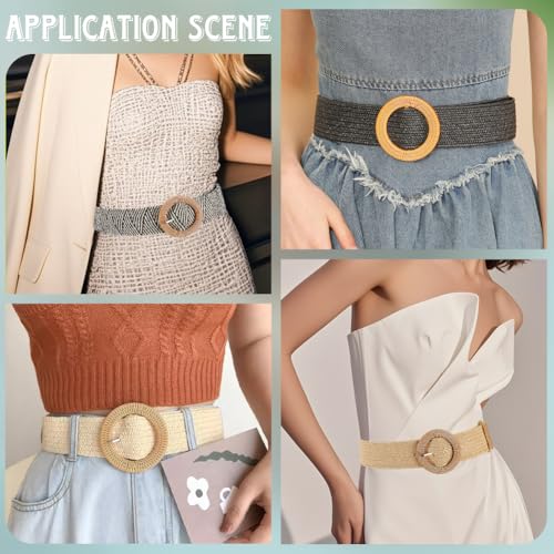 4Pcs Straw Woven Belt Set with Round Buckle Adjustable Braid Raffia Rattan Waistband Fashion Boho Style Stretch Wide Waist Belts for Women Ladies Summer Dress Jeans Pants Accessories Gift4