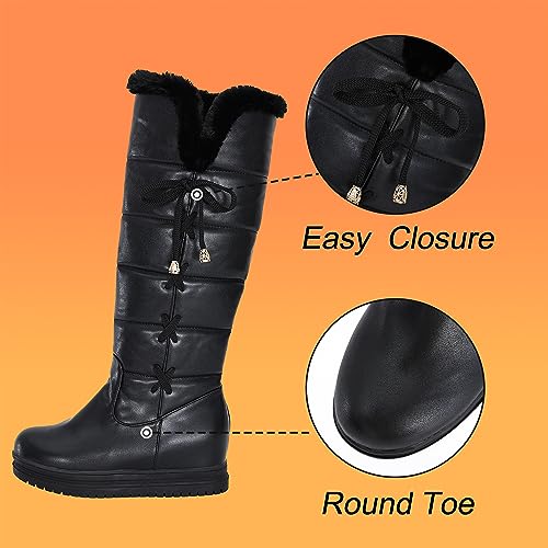 Cybling Women'S Winter Warm Knee High Down Snow Boots Waterproof Cross-Tied Hidden Wedges Platform Boots Black thumb #3