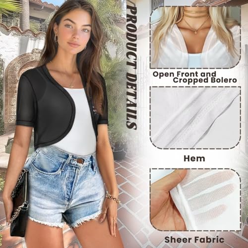 Image of Women's Shrug Short Sleeve Bolero Open Front Knit Party Tulle Cardigan Cropped Cardigan Shoulder Cover Up