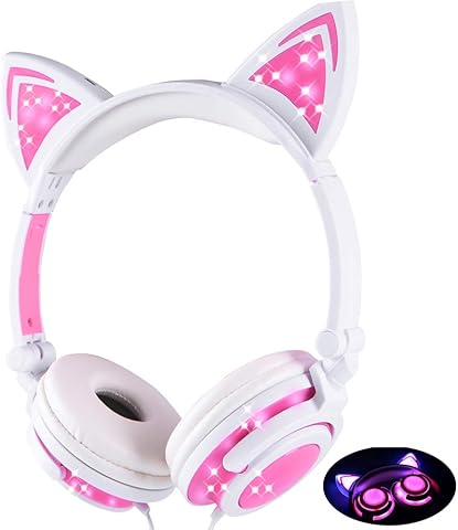 Cat Headphones LOBKIN Wired Headphones with LED Flashing Glowing Lights Foldable Over Ear Headphones with Mic Gaming Headset (White+Pink)