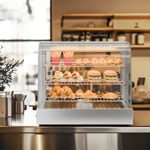 Image of ROVSUN 26 inch Commercial Food Warmer Display Pizza Warmer, 3-Tier Electric Countertop Food Warmer w /LED Lighting Adjustable Removable Shelves Glass Door, Pretzel Warmer for Buffet Restaurant, Silver