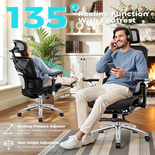 Image of Ergonomic Mesh Office Chair with Footrest, Big and Tall Home Desk Chair with 5D Flip-Up Arms, Adjustable Lumbar Support, Gaming & Executive Computer Chairs, Black