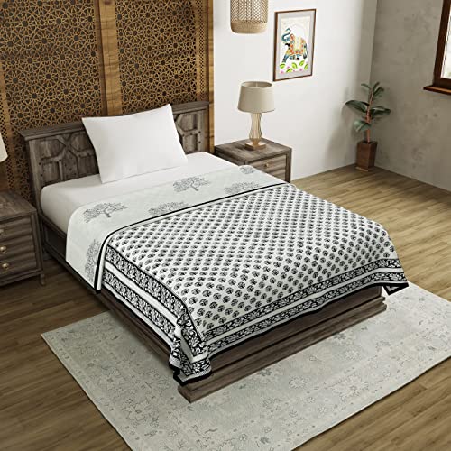 Image of BLOCKS OF INDIA Hand Block Printed Cotton Single Size Reversible Malmal Dohar for Summer (Grey & Black)