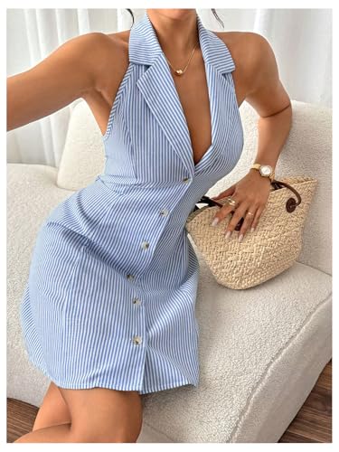 Image of WDIRARA Women's Striped Button Front Sleeveless Halter Dress Lapel Neck Tie Backless A Line Dresses Blue Medium
