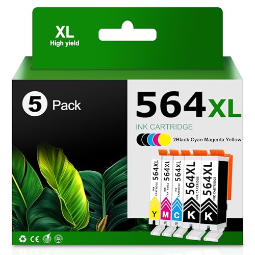 Image of 564XL High-Yield Ink Cartridge Compatible with HP DeskJet 3520, 3522, 3525; OfficeJet 4620, 4622; PhotoSmart 5510, 5520, 6520, 7510 (5-Pack, 2 Black, Cyan, Magenta, Yellow)