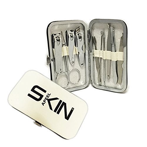Skinapeel Luxury 10pc Travel Manicure, Pedicure and Grooming Kit- Includes Stainless Steel Nail Clippers, Scissors, Ear Picker, Tweezers, Nail File and Blackhead Remover- Presented In Beautiful White Faux Leather Case by Skinapeel