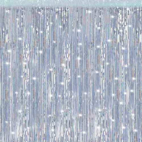 Image of Crosize 5 Pack 3.3 x 9.9 ft Laser Silver Foil Fringe Curtains Party Decorations, Laser Silver Tinsel Curtain Backdrop for Parties, Door Streamers, Glitter Streamer Backdrop for Birthday Decoration