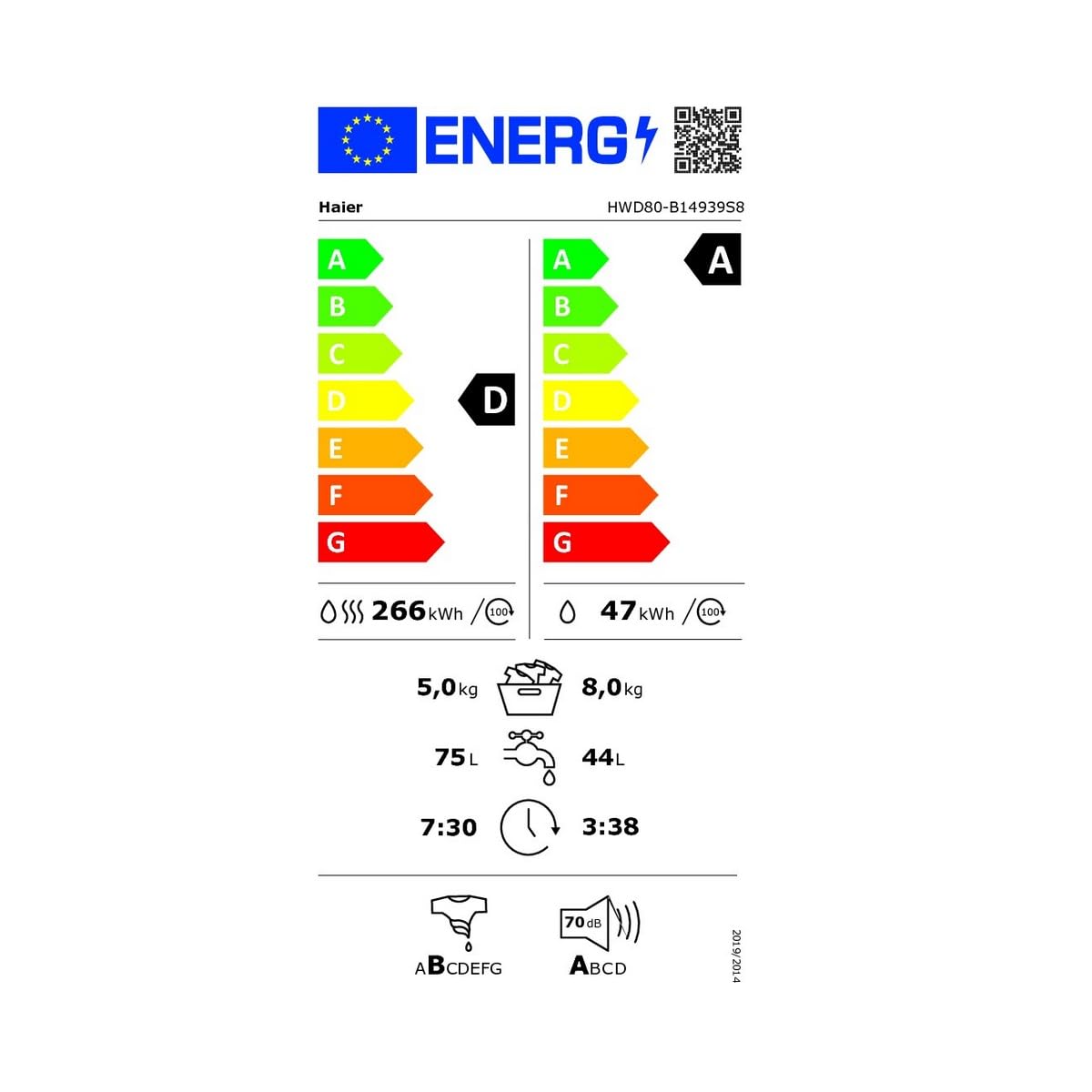 Haier HWD80‑B14939S8FR Lave‑linge séchant frontal 8 kg / 5 kg, 1400 tr/min, 15 programmes, Classe D, Moteur Direct Motion, Finition blanche