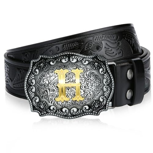Image of Mens Western Cowboy Cowgirl Faux Leather Belt Longhorn Bull Pattern Letter Big Buckle Embossed Floral Belts