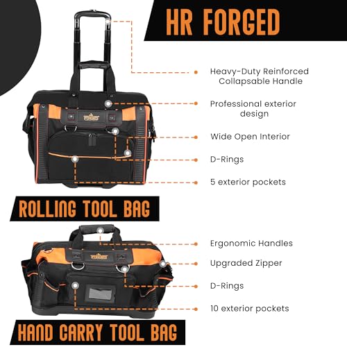 18" Rolling & Duffle Tool Bag - 2 Pack - Portable Tool Bag with Wheels - Water Resistant Fabric - 29 & 15 Pocket Roll Bag for Mechanics, Electricians, Plumbers & Hvac Bag