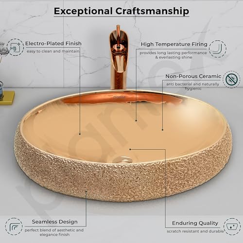Image of Plantex Ceramic Wash Basin for Bathroom /Vessel Sink /Countertop Washbasin - Indo-European Collection (Rose Gold, 22 x 15 x 6 Inch)