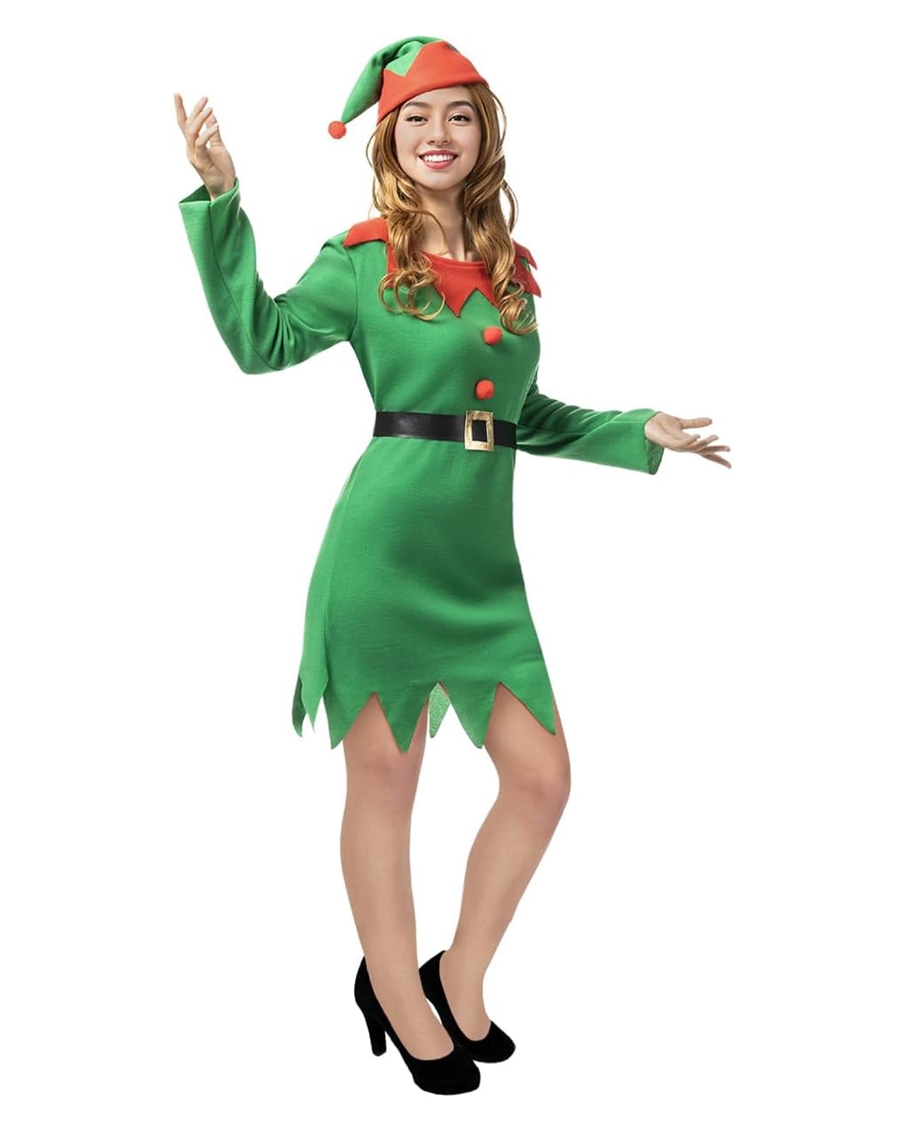 Funidelia Disfraz de elfa duende para mujer, Incluye vestido, gorro y cinturón, Navidad - Traje para adultos para fiestas, Carnaval y Halloween - Talla M