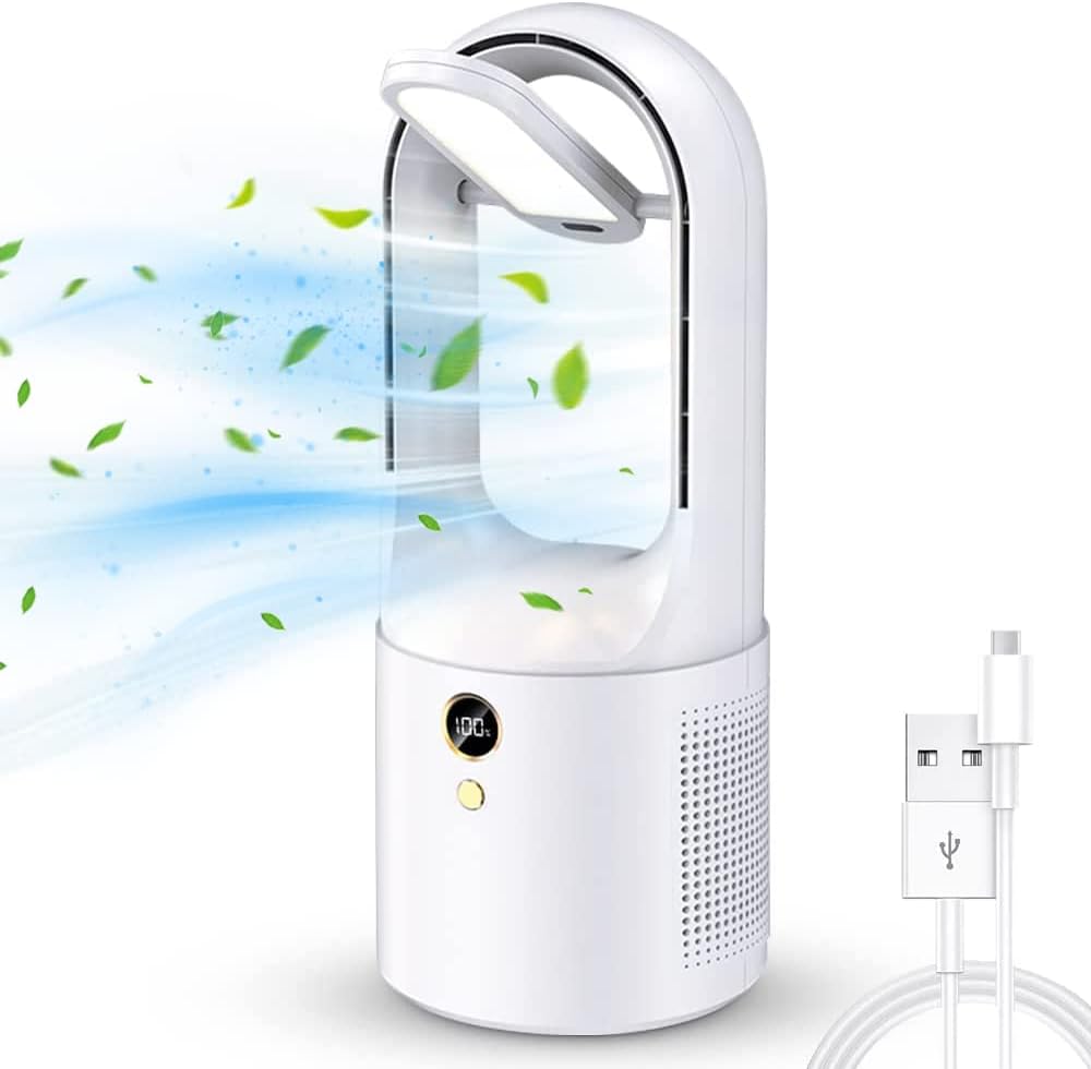 Desk Fan, 6 Speed Battery Operated Fan & Lamp 2 in 1 Bladeless Fan, Stylish 33cm Table Fan with LED Power Display, Type C Portable Fan with Natural Wind for Bedside Home Bedroom Office Summer Gift