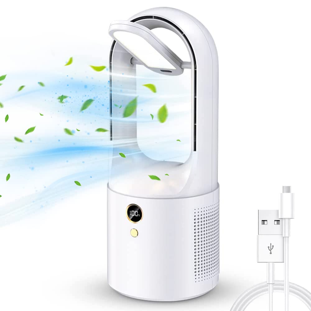 Desk Fan, 6 Speed Battery Operated Fan & Lamp 2 in 1 Bladeless Fan, Stylish 33cm Table Fan with LED Power Display, Type C Portable Fan with Natural Wind for Bedside Home Bedroom Office Summer Gift