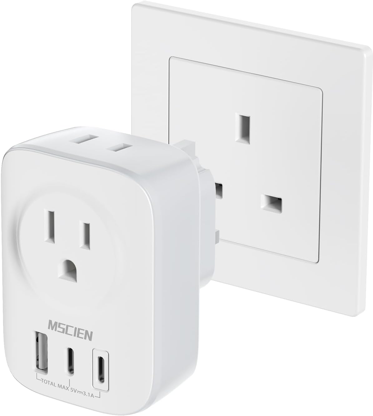 US to UK Plug Adapter, Mscien Type G Travel Adapter with 2 AC Outlets, 2 USB C & 1 USB A Port, Outlet Adapter for USA to England, Compact for International Travel