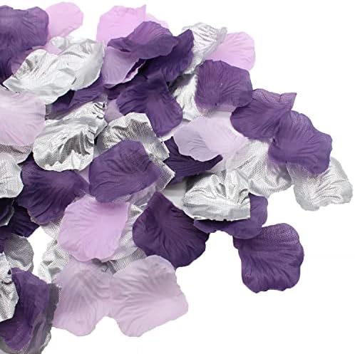 1000PCS Purple Lavender Silver Silk Rose Petal Violet Lilac Silver Artificial Flower Petal for Wedding Flower Girl Basket Aisle Runner Scatter Dinner Table Party Confetti Graduation Decoration