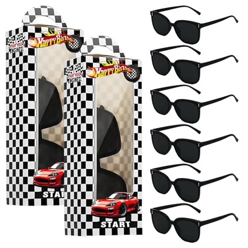 24 Pcs race car party favors 12 PCS Checkered Sunglasses 12PCS White Black Checker Racing Boxes for Racing Party Favors Essentials & Gear Up With Race Car Plastic Glasses