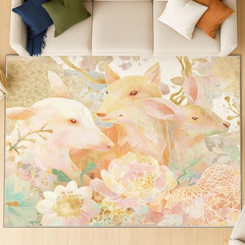 Genérico Alfombra salón Lavable 40 Grados – Alfombra Antideslizante Suave cómoda, Alfombra Reverso Antideslizante mullida, Etéreo Flores Animales, Rosa Claro, 60 X 90 cm