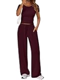 Trendy Queen 2 Piece Matching Summer Sweatsuit Lounge Set Womens Wide Leg Pants Side Ruching Crop Top Sets