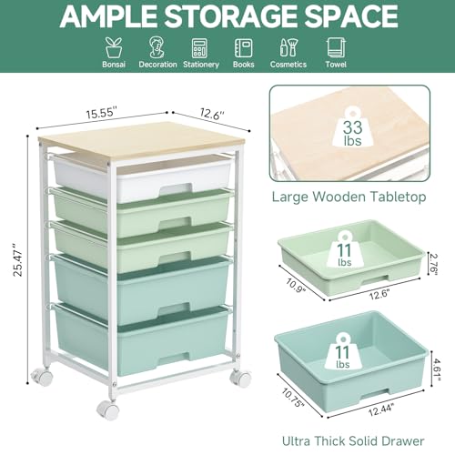 Image of SYKIARIOL Utility Cart with 5 Drawers,Storage Cart with Wooden Tabletop and Lockable Wheels,Craft Storage Trolley Organizer,5-Tier Rolling Utility on Wheels,Light Green