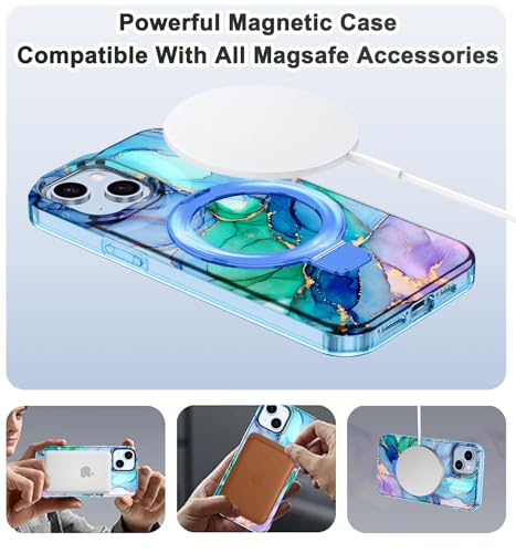 Lamcase for iPhone 13 Case,iPhone 14 Case with Magnetic Invisible Ring Stand [Compatible with MagSafe], Full Body Rugged Slim Women Men Girl Shockproof Marble Pattern Design Case, Cyan Blue - image 2