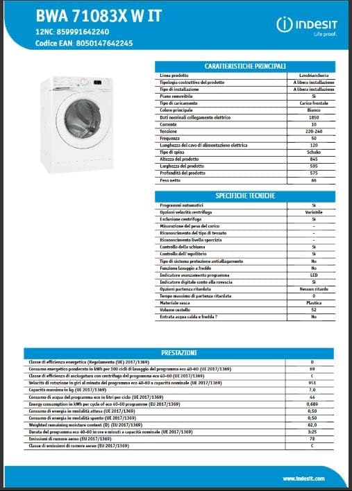 Indesit BWA 71083X W IT, Lavatrice a Carica Frontale, 7kg, 1000Giri/min