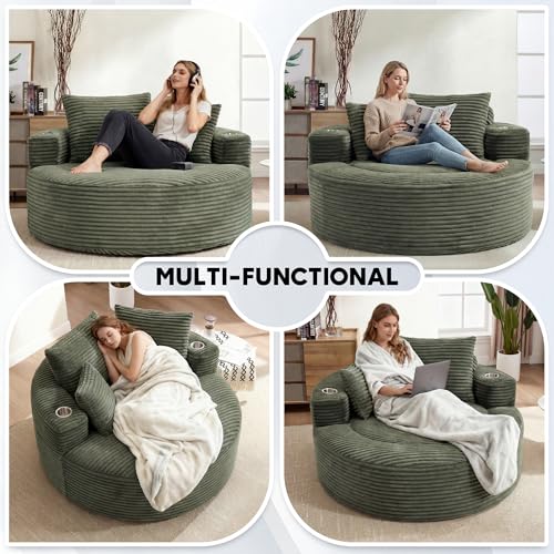 Image of Oversized Round Chair Lounge Chaise Indoor, 55.5 inch Upholstered Corduroy Deep Seat Single Cloud Sofa Chair with Cup Holder, Modern Large Circle Boneless Sleeper Sofa for Living Room,Green