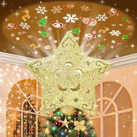 HOMEBROS Lighted Star Christmas Tree Topper, 3D LED Gold Tree Topper with 2 Dynamic Projection Modes Glitter Hollowed Star Projector Built-in LED Rotating Projection Lights for Holiday Decoration Cover