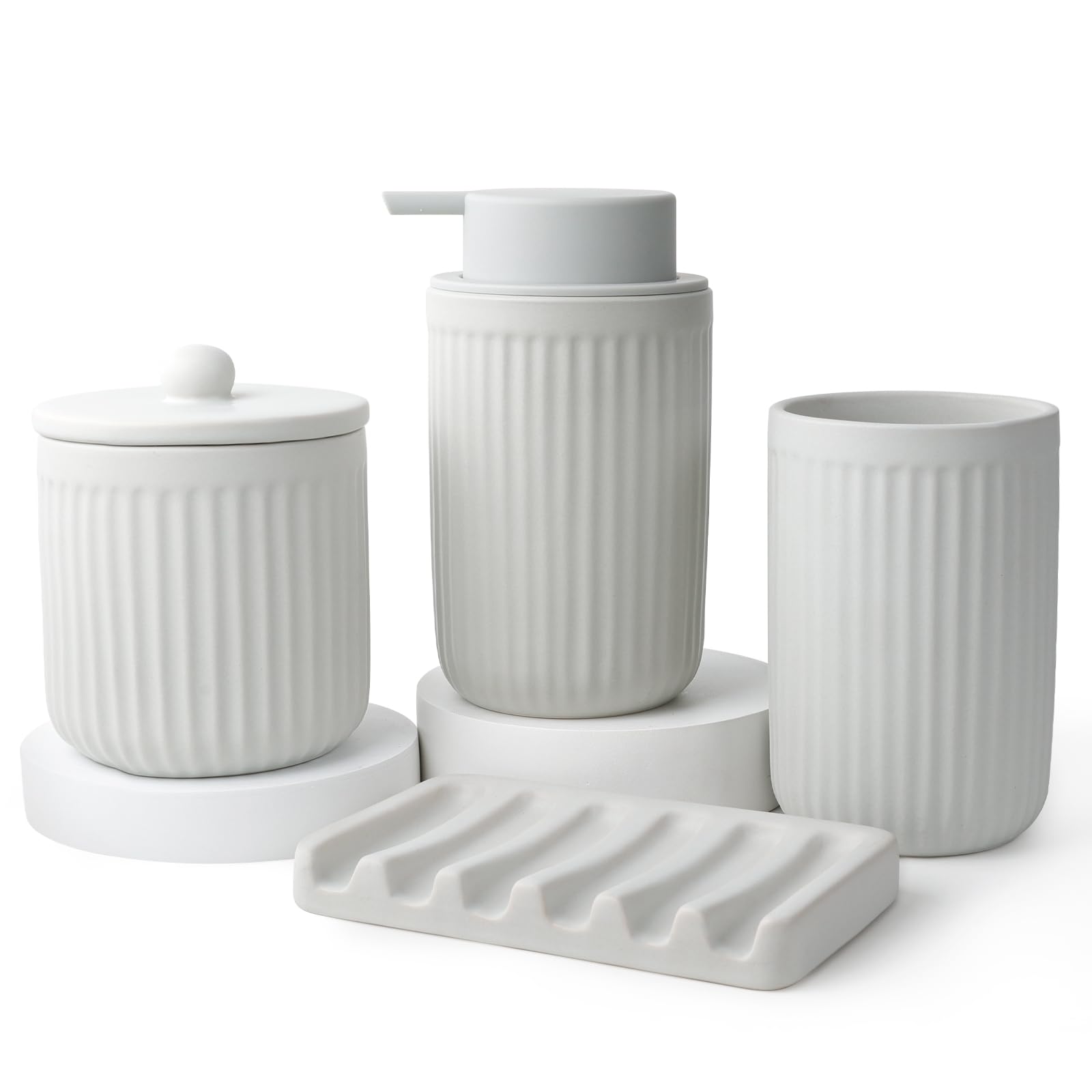 BosilunLife 4 pcs Ceramic Bathroom Accessories Set - Bathroom Counter Soap Set, Foam Dispenser, Soap Dish, Toothbrush Holder/Tumbler, Cotton Swab Jar(Grey, Liquid)
