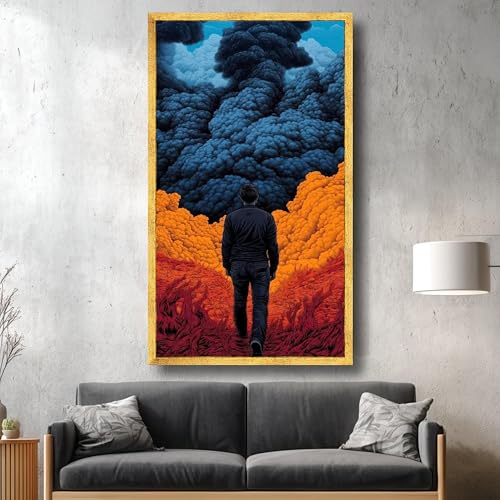 Tableau mural ciel sombre nuages orangés et homme marchant format 30x50