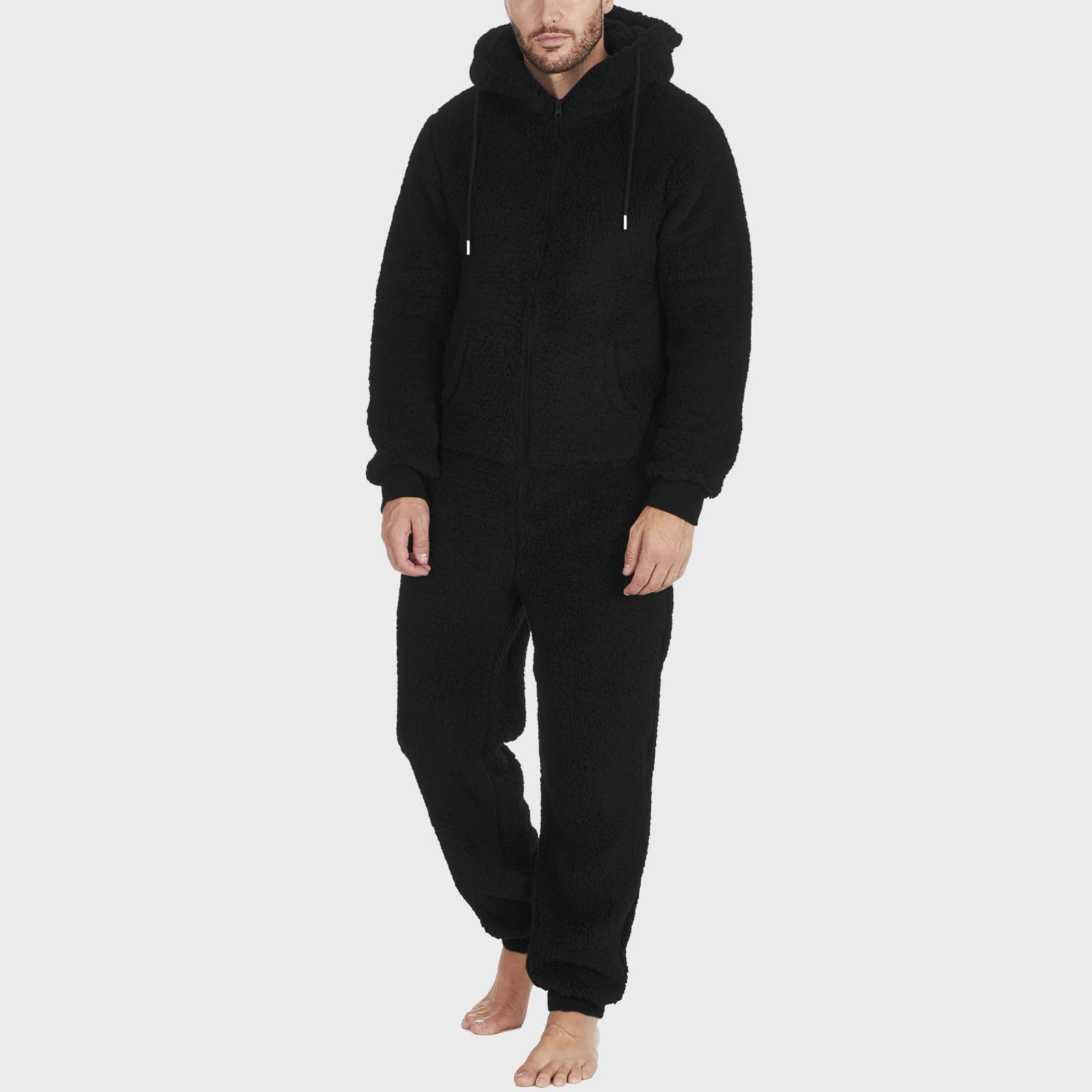 Pyjama à manches longues en laine artificielle pour homme - Style décontracté - Couleur unie - Fermeture éclair - Combinaison ample à capuche - Pyjama décontracté d'hiver chaud - Combinaison 1 pièce