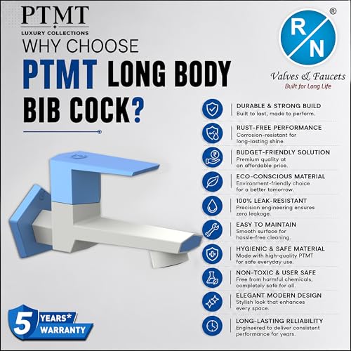 Image of RN PTMT Long Body Bib Cock for Bathroom | 15mm Long Body Foam Flow Water Tap with Flange | Luxury G20 Collection Faucet | High-Grade Engineering Polymer Tap (White Blue Dual, Pack of 4)
