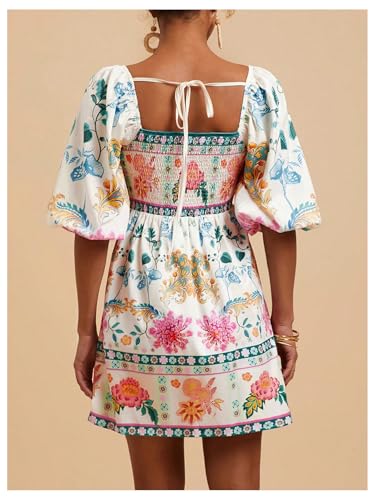 Floerns Women's Floral Tie Back Puff Sleeve A Line Dress Square Neck Boho Dresses3