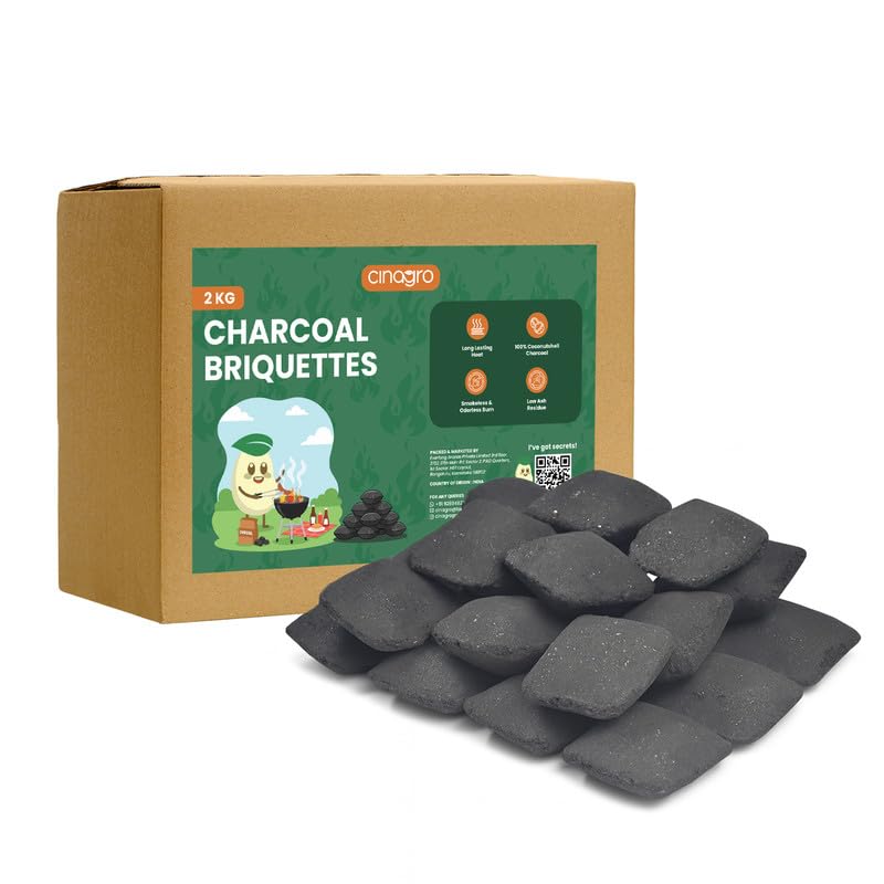 Image of Cinagro Charcoal Briquettes, 2kg, All-Natural Coconut Shell, Low Smoke | Pillow Shape Long-Lasting Fire Cubes for Smoky Heat, Even-Burning for BBQ