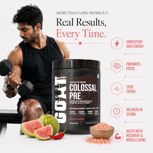 Image of Colossal Pre | PreWorkout Powder (Spicy Guava 180gm 15 Servings) 200mg Caffeine 3.5g Beta-Alanine 3g Citrulline 1.5g Arginine 1g Creatine with Himalayan Pink Salt