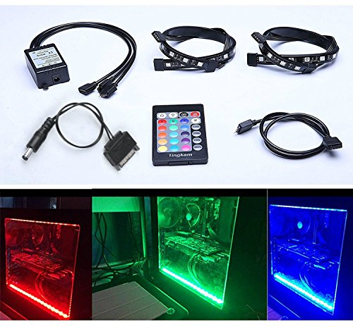 TINGKAM Full Kit RGB 5050 SMD 2pcs 18leds 30cm LED Strip Light Attached to Your PC Case via Magnet with 24 Key Remote Controller for Desktop Computer Mid Tower Case (The 2nd Generation)
