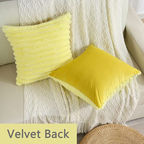 FUTEI Yellow Striped Decorative Throw Pillow Covers 16x16 Inch Set of 2,Square Winter Decorations Couch Pillow Case,Soft Cozy Faux Rabbit Fur & Velvet Back,Modern Home Decor for Bed