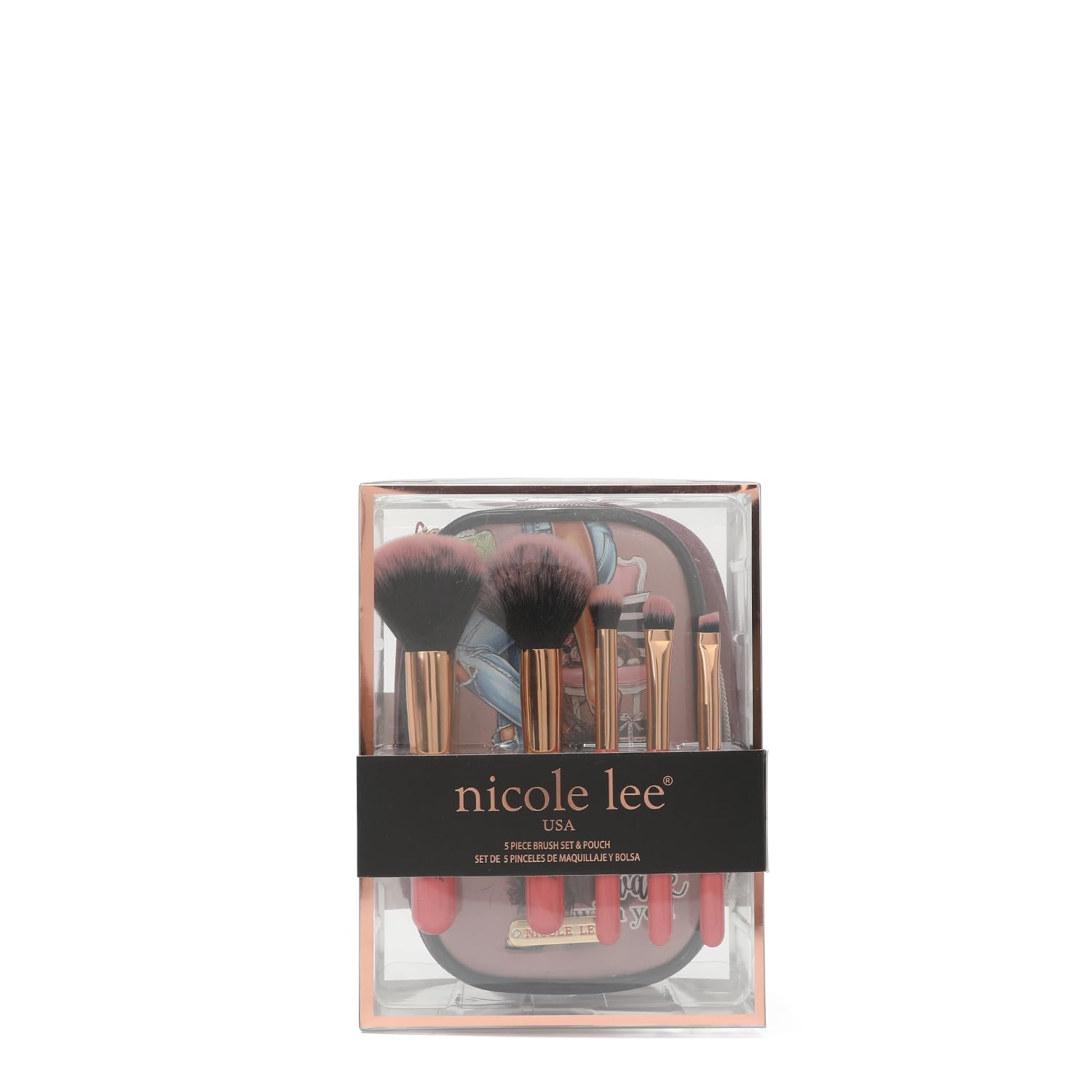 Nicole Lee Cosmetic 5 Makeup Brushes Set Organizer with Fashion Print Pouch, Small Travel (Casual Walk)