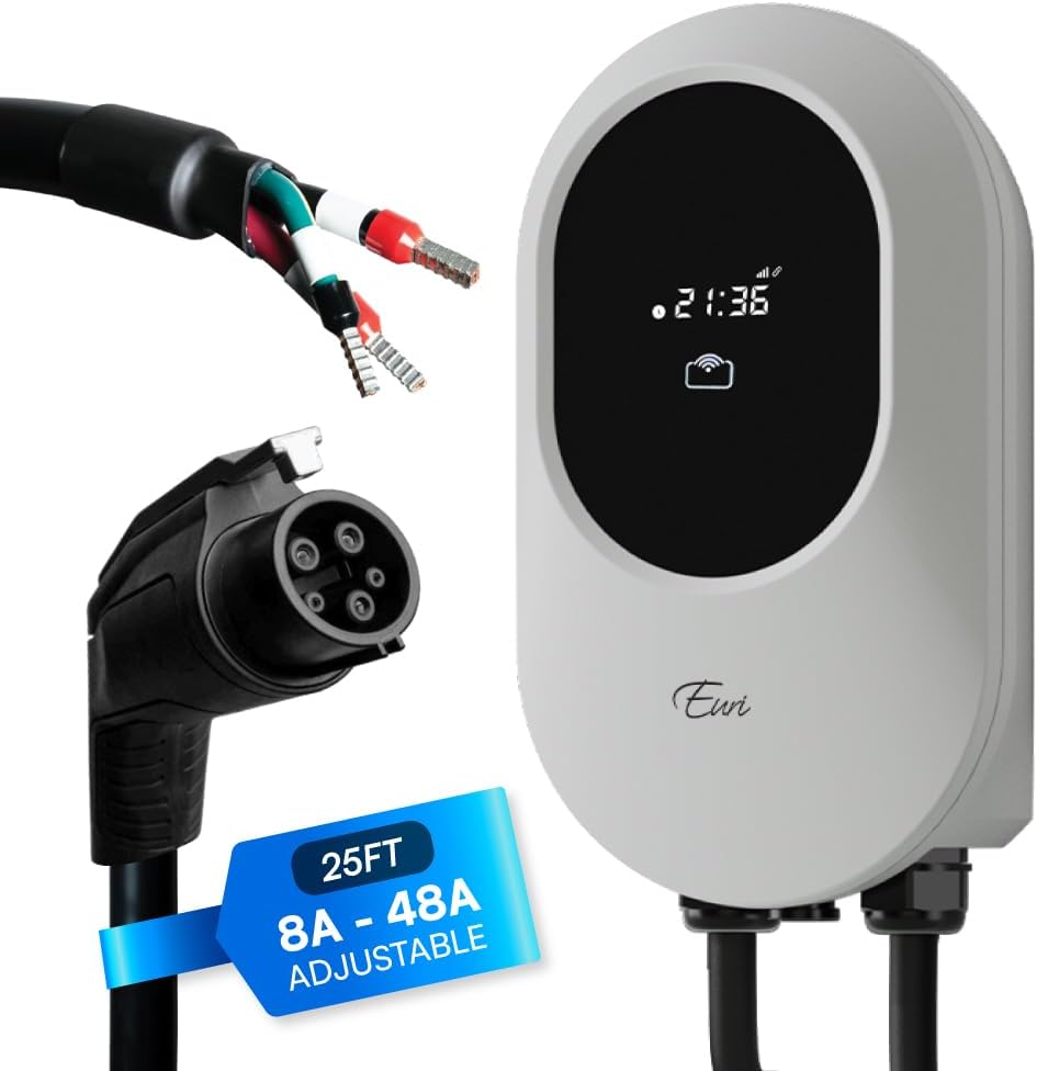 Euri Station Level 2 Electric Vehicle (EV) Charger 48 Amps, ETL Certified Indoor/Outdoor Electric Car Fast Wall Charging Station, Hardwire, 25 Foot Premium Cable, 2.5” Screen, White Housing