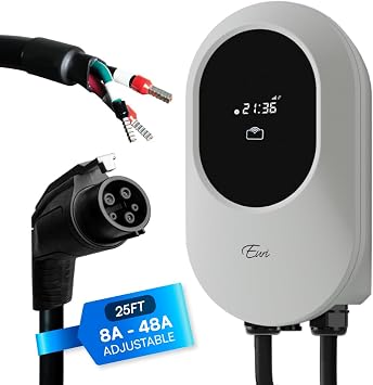Euri Station Level 2 Electric Vehicle EV Charger 48 Amps, ETL Certified Indoor/Outdoor Electric Car Fast Wall Charging Station, Hardwire, 25 Foot Premium Cable, 2.5 Screen, White Housing