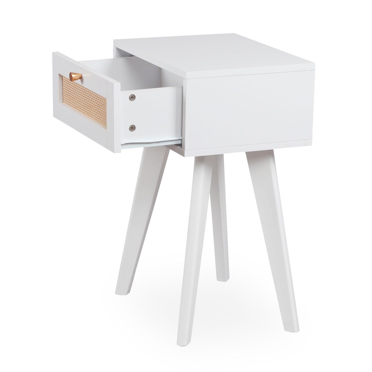 Menzzo Table de Chevet DALGORA 1 tiroir avec cannage – 40 cm – Meuble Chambre Blanc Moderne – Rangement Pratique