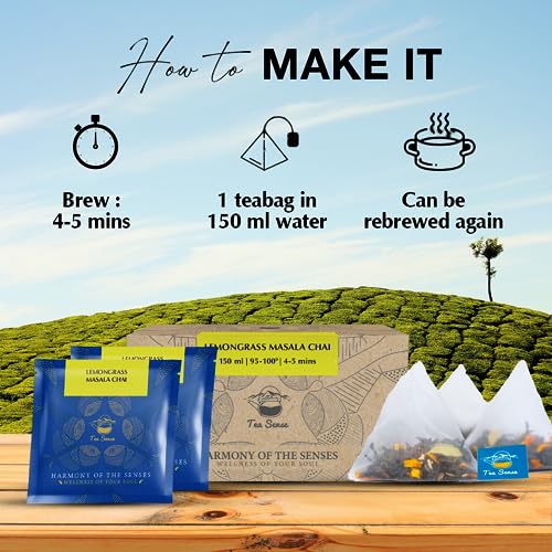 Image of TEA SENSE Lemongrass Masala Chai | 15 Pc Pyramid Tea Bags | Assam CTC, Ginger, Cardamom, Clove, Cinnamon, Nutmeg, Black Pepper | Strong & Flavourful Milk Tea